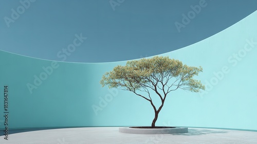 A serene tree standing alone in an arc shaped space evokes feelings of peace and solitude with soft pastel palette and