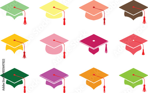 Assortment of Graduation Caps with Red Tassels in Pastel Colors