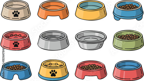Assortment of pet food bowls in various colors and designs