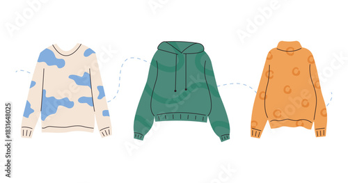 Set of three modern, cozy warm garments: a patterned sweater, a green hoodie, and an orange turtleneck. Flat vector illustration of casual autumn and winter clothing