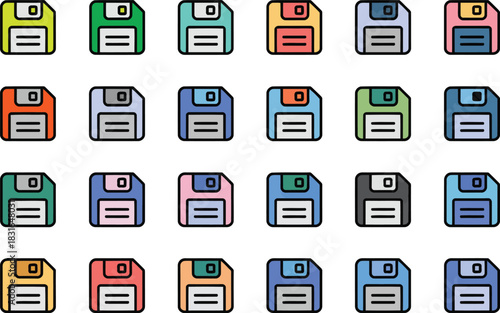 Collection of colorful floppy disk icons in a grid