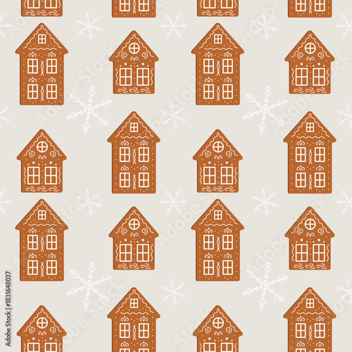 Festive seamless Christmas pattern with traditional gingerbread houses decorated with white icing and snowflakes. Perfect for holiday textiles, wrapping paper and digital decor. Vector 