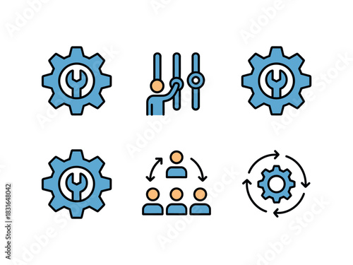 A set of icons representing industrial processes, management, and teamwork in a business context.