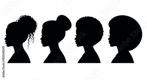 Diverse silhouettes showcase various natural hairstyles on profile views of women's heads.