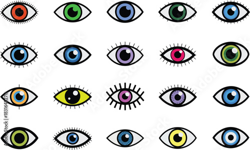 Diverse array of stylized eye icons with different iris colors and lash styles