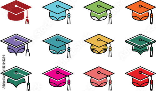Diverse graduation caps in vibrant colors and styles