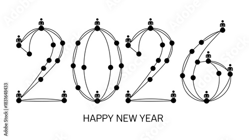 New Year 2026 Celebration: A modern and sleek graphic design. The number 2026, crafted with interconnected lines and dots. below the new year phrase, which evokes anticipation for the year ahead. 