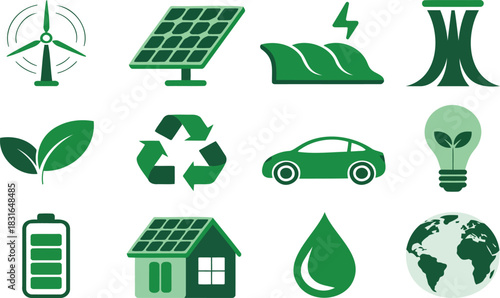 Green Icons for Sustainable Energy and Eco-Friendly Concepts