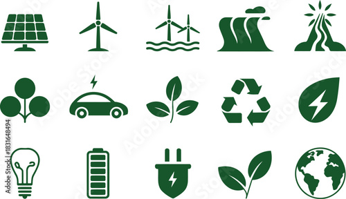 Green Icons for Renewable Energy and Environmental Sustainability