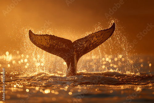 Majestic whale tail breaching ocean surface in golden sunset light, creating dynamic splash, perfect marine wildlife conservation, and ocean adventure themes