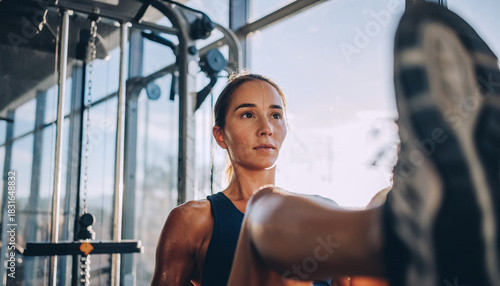 Woman performing leg press workout in bright natural light gym environment, fitness and wellbeing lifestyle