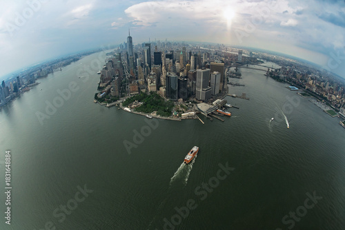 Fisheye Aerial View of Lower Manhattan and New York Harbor