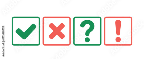 A row of four squares displays a green checkmark, a red cross, a green question mark, and a red exclamation point, representing choices and decisions.