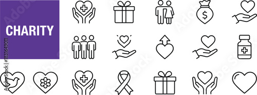Charity line icon set featuring kindness, donations, giving, community support, medical aid, love, generosity, fundraising, and humanitarian assistance symbols