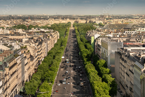 Paris France aerial view of tree lined Avenue des Champs Élysées
