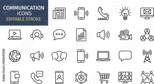 Communication line icon set featuring digital messaging, media sharing, broadcasting, mobile connectivity, online collaboration, global communication, and modern information exchange tools
