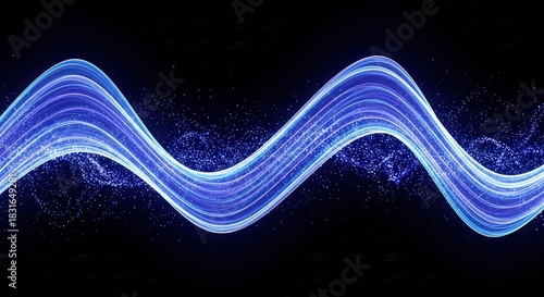 Vibrant blue waveform illuminates a dark background with subtle particle effects