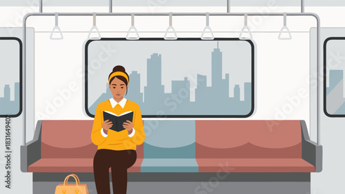 Young woman sitting on a train seat reading a book with a city skyline visible through the window