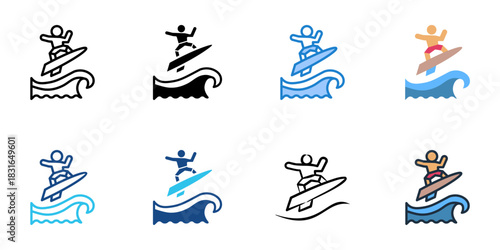 Surfing icon set multiple style vector collection. Editable Stroke 
