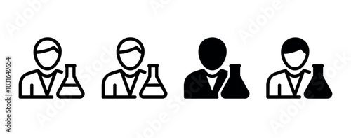 Stylized icons depict scientists or researchers working with laboratory glassware, representing science and experimentation.