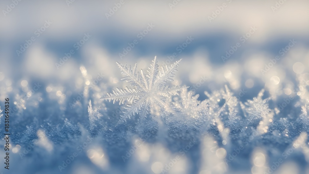 Obraz premium Closeup of a delicate snowflake resting on a bed of ice crystals illuminated by soft winter light.