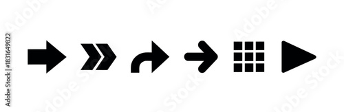 A sequence of six black arrows and icons represents a progression of actions or navigation elements.