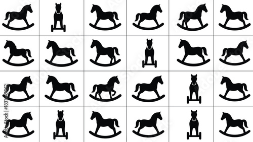 Black Silhouettes of Rocking, Wheeled, and Standing Toy Horses – Vector Set for Childhood, Vintage Play, and Decorative Design Use