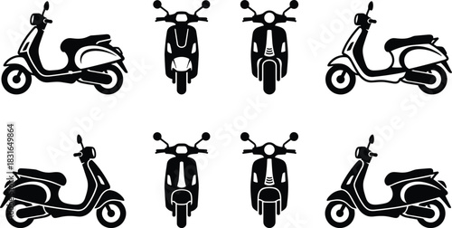 Black Silhouettes of Scooters – Vector Set Featuring Front, Side, and Rear Views for Urban Transport, Mobility, and Vehicle Design Use