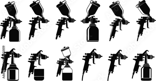 Black Silhouettes of Spray Guns – Vector Set Featuring Paint Tools for Industrial, Automotive, Coating, and Artistic Design Applications