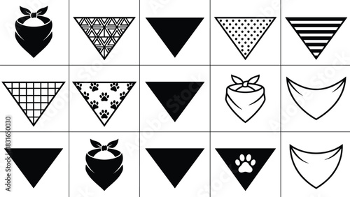 Black Silhouettes of Triangular Bandanas – Vector Set Featuring Patterned Pet Scarves for Fashion, Accessories, and Design Illustration Use