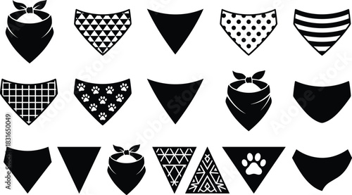 Black Silhouettes of Triangular Bandanas – Vector Set Featuring Pet Scarf Designs, Fashion Accessories, and Patterned Fabric Icons