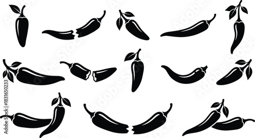 Chili Pepper Silhouette Collection Featuring Whole, Split, and Leaf Variations for Food, Spice, Agriculture, and Vector Design Illustration Use