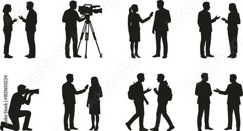 Communication and Media Silhouette Collection Featuring Interview, Filming, Photography, and Conversation Scenes for Journalism, Social, and Vector Design Use