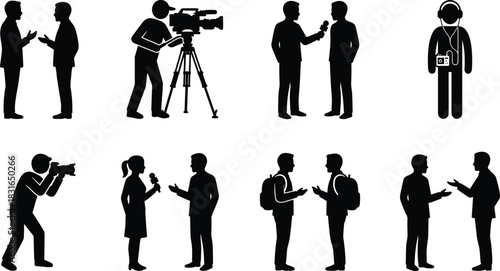 Communication and Media Silhouette Collection Featuring Interview, Photography, Filming, and Conversation Scenes for Journalism, Social, and Vector Design Use