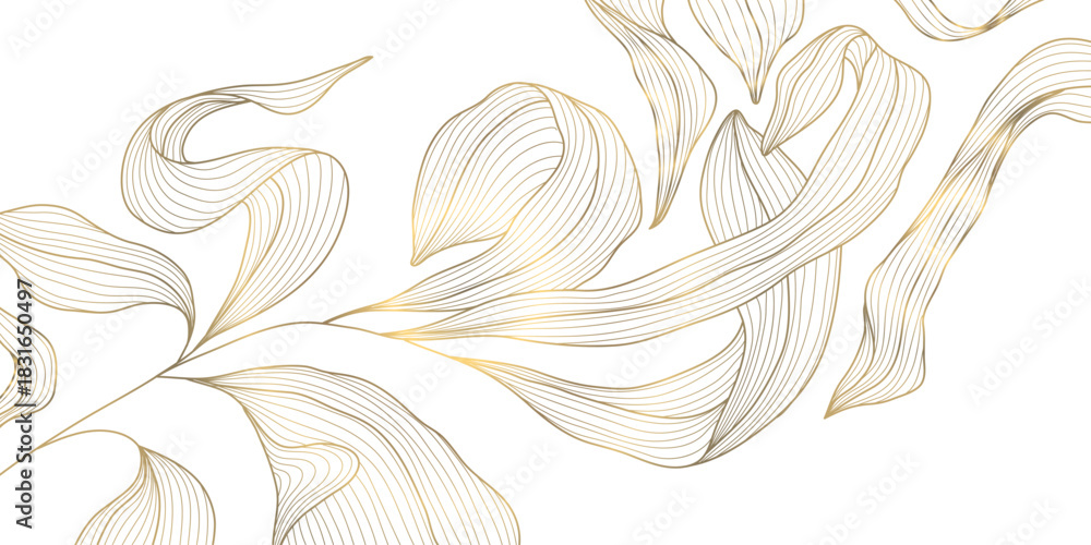Fototapeta premium Elegant gold floral pattern background, delicate line leaves, botanical shapes. Luxury vector illustration, tropical elements, vintage art deco curves, premium botanical design