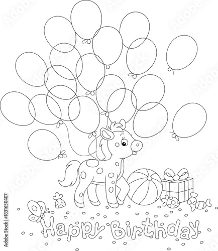 Greeting card with a happy little pony and a gift box, a big striped ball, sweets with flying holiday balloons, black and white vector cartoon illustration for a coloring book