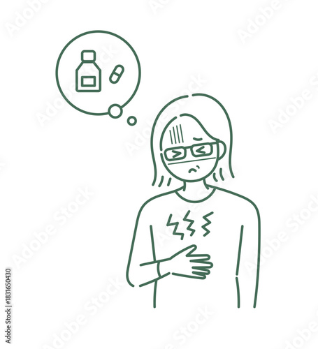 胃が痛い40代女性のイラスト　線画のみ