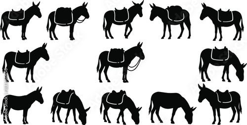 Donkey Silhouette Collection Featuring Saddled and Grazing Poses for Farm, Pack Animal, and Wildlife Vector Illustration and Design Use