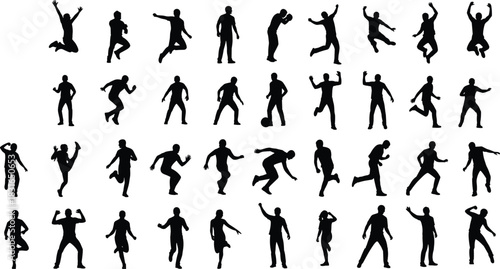 Human Silhouette Pose Collection Featuring Dynamic Movement, Sports Actions, and Expressive Gestures for Fitness, Dance, and Vector Design Projects