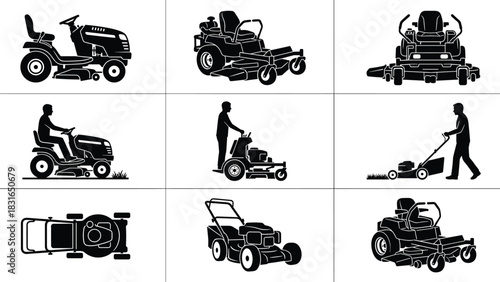 Lawn Mower Silhouette Collection Featuring Riding, Push, and Stand-On Models with Operators for Landscaping, Gardening, and Equipment Vector Design Use