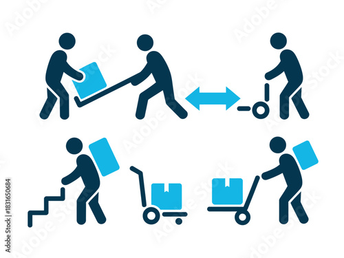 Icons illustrate various methods of lifting and moving boxes, showcasing different logistics and transportation techniques.