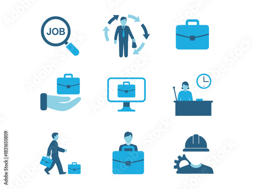 A collection of modern flat icons depicts various aspects of job searching, career development, and employment opportunities.