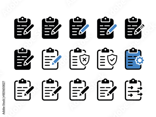 A collection of icons representing different aspects of documentation, checklists, and processes.