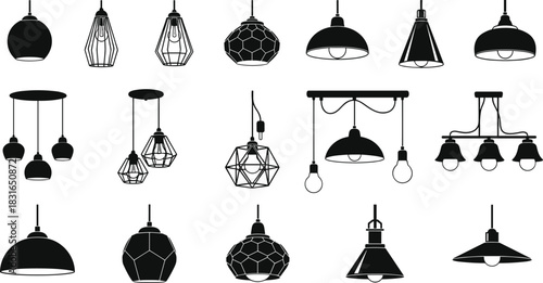 Pendant Light Silhouette Collection Featuring Modern, Industrial, and Geometric Designs for Interior, Decor, and Vector Illustration Use