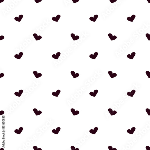 Simple, minimalist seamless vector pattern featuring small, scattered dark heart silhouettes, creating an understated yet romantic textile print or web tile.