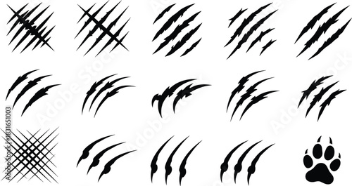 Silhouette set of claw marks and paw print icons featuring aggressive slashes, animal scratches, and wilderness-themed vector designs