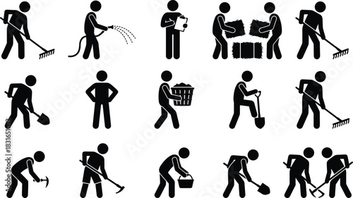 Silhouette set of farming and gardening activity icons featuring workers raking, digging, watering, lifting, and performing manual labor tasks