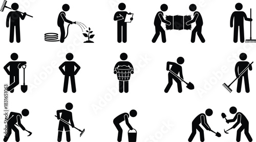 Silhouette set of gardening and landscaping activity icons featuring workers raking, digging, watering, inspecting, and harvesting produce