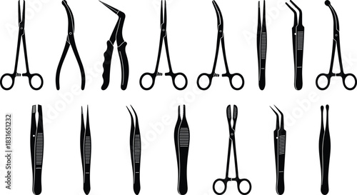 Surgical Instrument Silhouette Collection Featuring Forceps and Tweezers Variations for Medical, Clinical, and Vector Design Illustration Use
