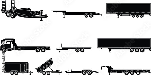 Trailer and Truck Silhouette Collection Featuring Utility, Flatbed, Dump, Cargo, and Hauler Designs for Transport, Logistics, and Vector Illustration Use